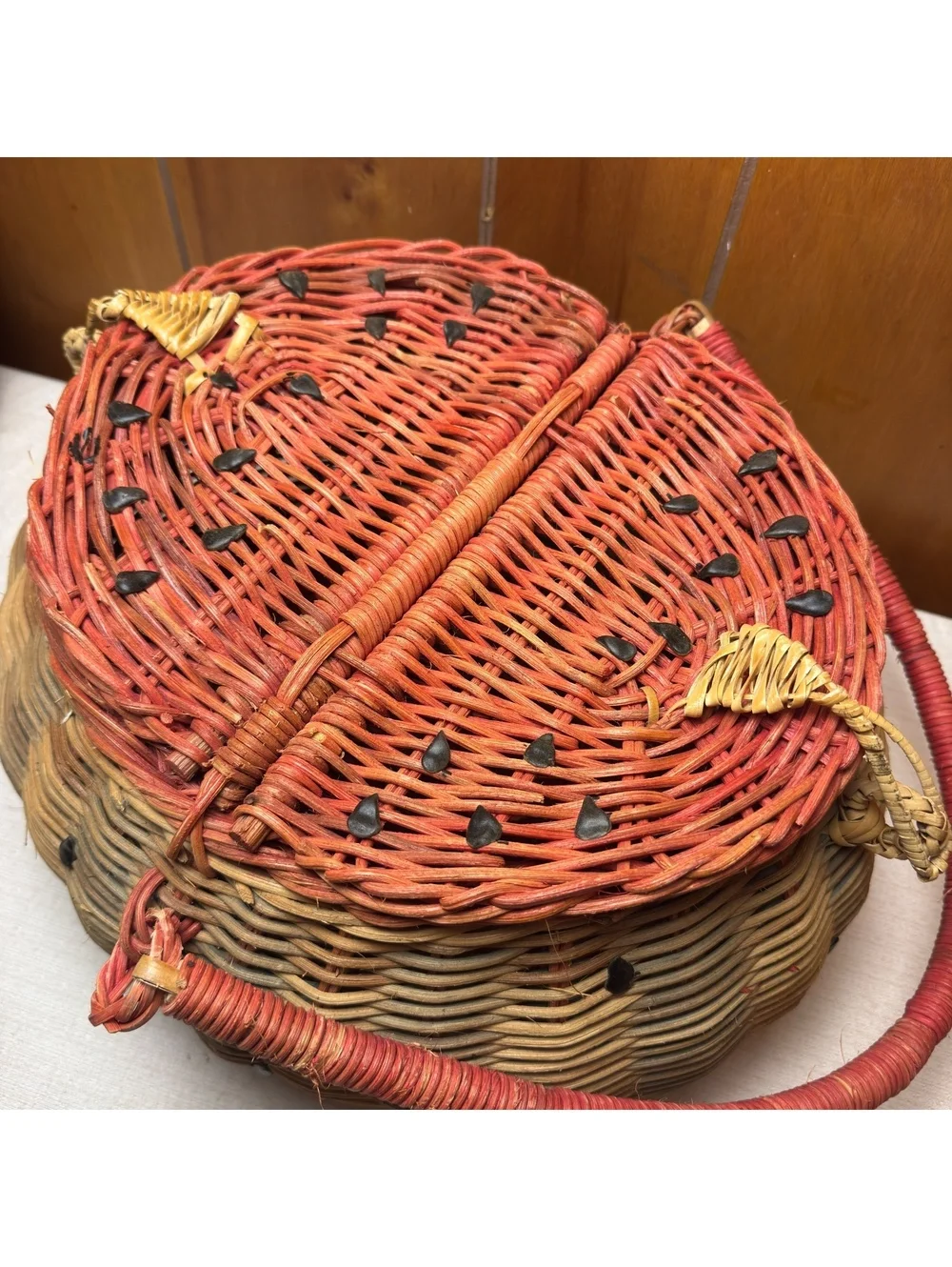 Vintage Watermelon Wicker Picnic Basket Split Lid Summer Kitchen Decor